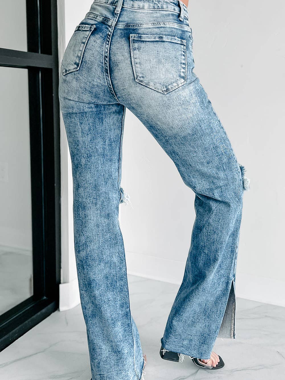 Vintage Distressed Split Hem Straight Leg Jeans