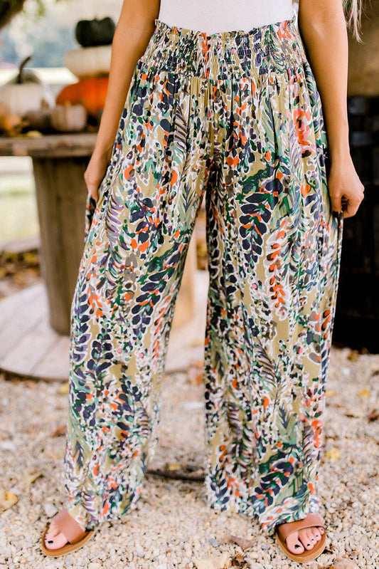 Floral Print Shirred High Waist Wide Leg Casual Pants